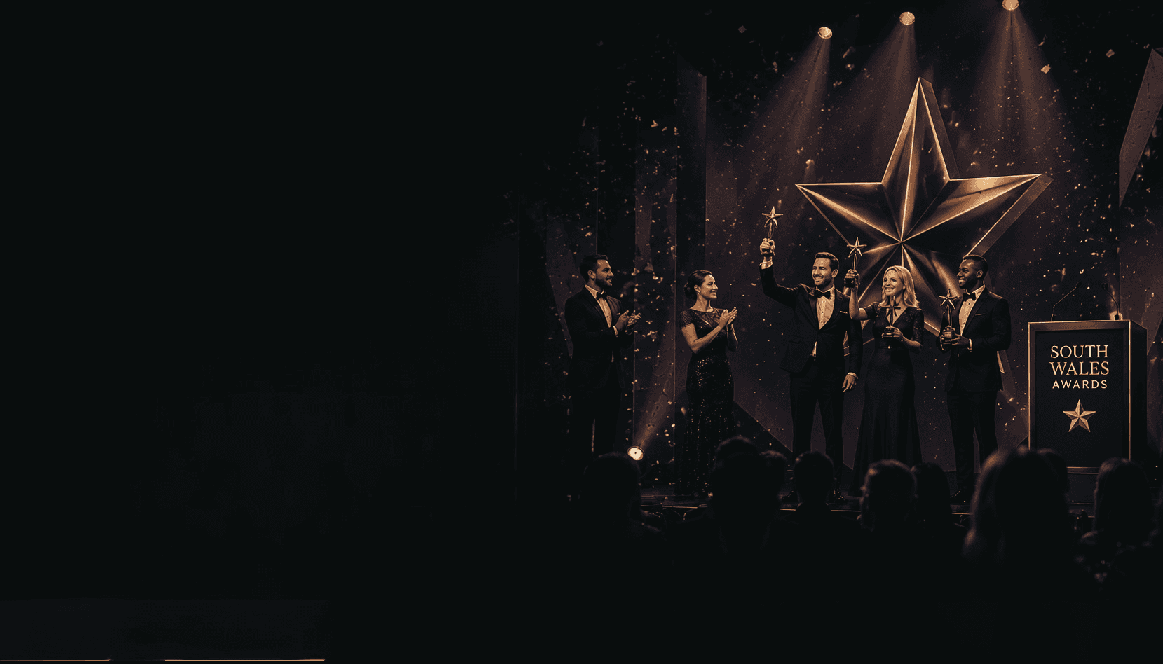 Winners holding their star trophies on stage at the South Wales Awards
